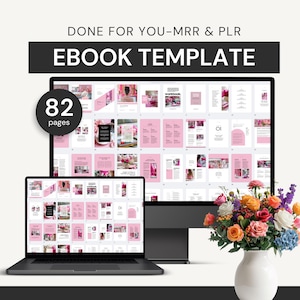 May include: A digital ebook template displayed on a laptop and desktop monitor. The ebook has 82 pages with a pink and white design. The title "EBOOK TEMPLATE" is displayed at the top. A vase of colourful flowers sits to the right.