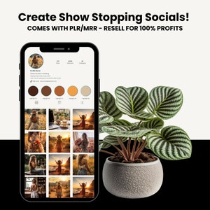 May include: A screenshot of a mobile phone displaying a social media profile with a grid of 16 images. The profile has a brown, orange, and beige color scheme. The images are of a woman in various outdoor settings, including a beach, a field, and a forest. The text "Create Show Stopping Socials! COMES WITH PLR/MRR - RESELL FOR 100% PROFITS" is displayed above the phone.