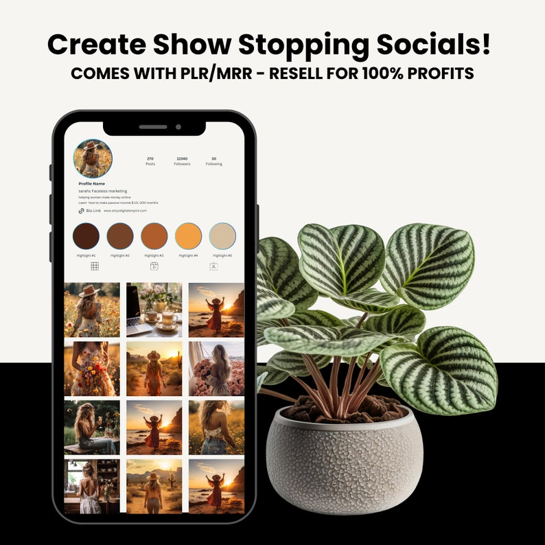 May include: A screenshot of a mobile phone displaying a social media profile with a grid of 16 images. The profile has a brown, orange, and beige color scheme. The images are of a woman in various outdoor settings, including a beach, a field, and a forest. The text "Create Show Stopping Socials! COMES WITH PLR/MRR - RESELL FOR 100% PROFITS" is displayed above the phone.