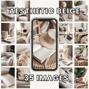 Może przedstawiać: Kolaż 35 obraz&oacute;w w beżowych i kremowych odcieniach. Obrazy przedstawiają r&oacute;żne elementy wystroju wnętrz, w tym kapelusz, książkę, laptopa, kubek i koc. Obrazy są ułożone w siatkę.