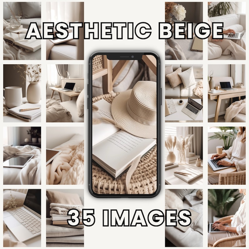 Może przedstawiać: Kolaż 35 obraz&oacute;w w beżowych i kremowych odcieniach. Obrazy przedstawiają r&oacute;żne elementy wystroju wnętrz, w tym kapelusz, książkę, laptopa, kubek i koc. Obrazy są ułożone w siatkę.