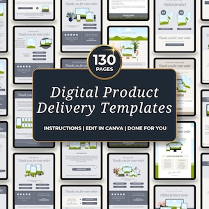 以下が含まれることがあります： タブレットに表示されたデジタル製品配信テンプレートのセット。テンプレートは、緑とグレーのアクセントを備えたクリーンなデザインです。中央のグラフィックは「Digital Product Delivery Templates」と「130 Pages」と表示されています。