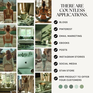 Może przedstawiać: Kolaż zdjęć przedstawiający kobietę w r&oacute;żnych pozach, laptopa, kubek i sofę. Tekst "THERE ARE COUNTLESS APPLICATIONS." jest wyświetlany wraz z listą kontrolną aplikacji, w tym blogi, Pinterest, marketing e-mailowy, e-booki, posty, historie na Instagramie, media społecznościowe, sklep Stan i produkt MRR do zaoferowania klientom.