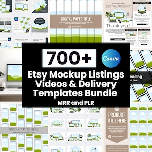 Puede incluir: Un collage de imágenes que muestran más de 700 listados de maquetas de Etsy, videos y plantillas de entrega. Las imágenes presentan varios dispositivos, incluidos computadoras, teléfonos y tabletas, que muestran diferentes diseños y diseños. El texto "700+ Etsy Mockup Listings Videos & Delivery Templates Bundle MRR and PLR" se muestra de forma prominente en el centro del collage.