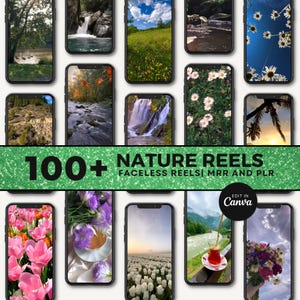 100 Nature Reels | MRR & PLR | Opens in Canva | 101 Nature Photos in Post and Story Size for Instagram | Bonus | Flowers Waterfalls Rivers