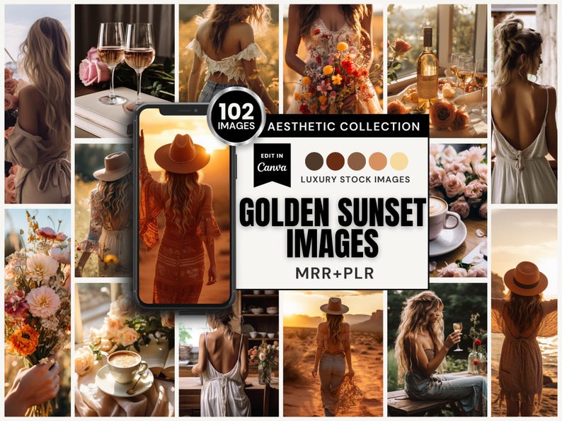 102 Golden Sunset Stock Images | Opens in Canva (MRR+PLR) | Instant Download image 1