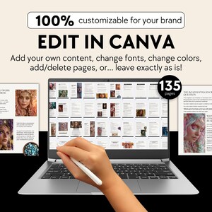 May include: A laptop displaying a digital document with 135 pages. The screen shows a hand using a stylus to edit the document. Text at the top reads "100% customizable for your brand" and "EDIT IN CANVA".