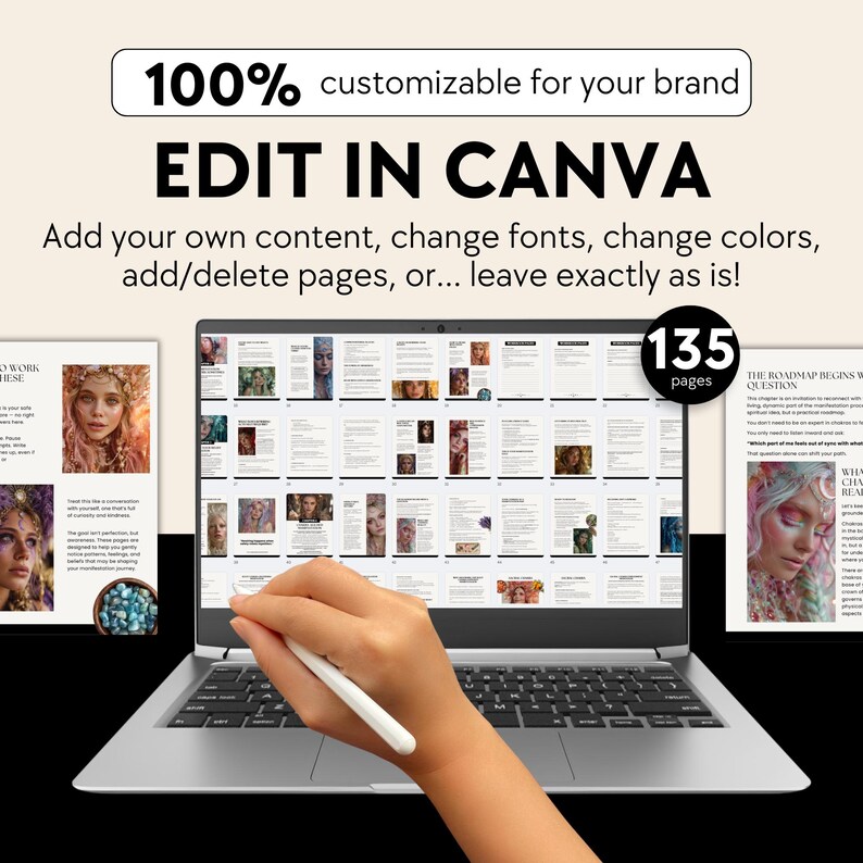 May include: A laptop displaying a digital document with 135 pages. The screen shows a hand using a stylus to edit the document. Text at the top reads "100% customizable for your brand" and "EDIT IN CANVA".