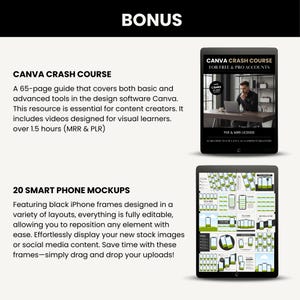 Puede incluir: Paquete de productos digitales con la palabra "BONUS" en la parte superior. Incluye una gu&iacute;a de Canva Crash Course y 20 maquetas de tel&eacute;fonos inteligentes. El curso de Canva es para cuentas gratuitas y pro. Las maquetas presentan marcos de iPhone negros.