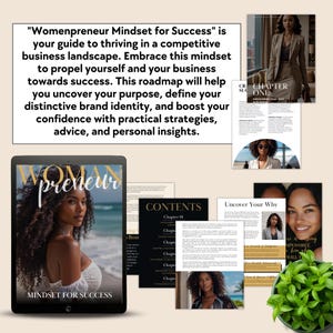 May include: A digital guide titled "Womenpreneur Mindset for Success" with a cover image of a woman on a beach. The guide includes chapters on discovering your why, building a business, and boosting confidence.
