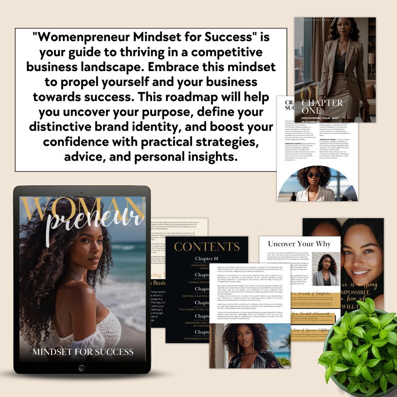 May include: A digital guide titled "Womenpreneur Mindset for Success" with a cover image of a woman on a beach. The guide includes chapters on discovering your why, building a business, and boosting confidence.