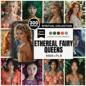 Discover the breathtaking "Women in Bloom" Ethereal Fairy Queens Collection, boasting over 300 images ideal for your digital marketing needs. Bursting with vibrant jewel tones, each high-resolution AI-generated piece captures women surrounded by vivid flowers, featuring diverse hair colors and graceful dresses. These remarkable images are sure to add a unique and captivating flair to any project, available with MRR and PLR for use in Canva.