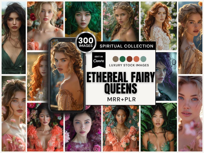 Discover the breathtaking "Women in Bloom" Ethereal Fairy Queens Collection, boasting over 300 images ideal for your digital marketing needs. Bursting with vibrant jewel tones, each high-resolution AI-generated piece captures women surrounded by vivid flowers, featuring diverse hair colors and graceful dresses. These remarkable images are sure to add a unique and captivating flair to any project, available with MRR and PLR for use in Canva.