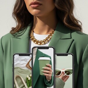 May include: A woman wearing a green blazer and a gold chain necklace. Three smartphones display images of a green sweater, a coffee cup, and white sunglasses. The overall theme is fashion and accessories.