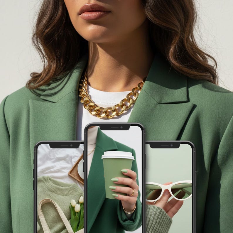 May include: A woman wearing a green blazer and a gold chain necklace. Three smartphones display images of a green sweater, a coffee cup, and white sunglasses. The overall theme is fashion and accessories.