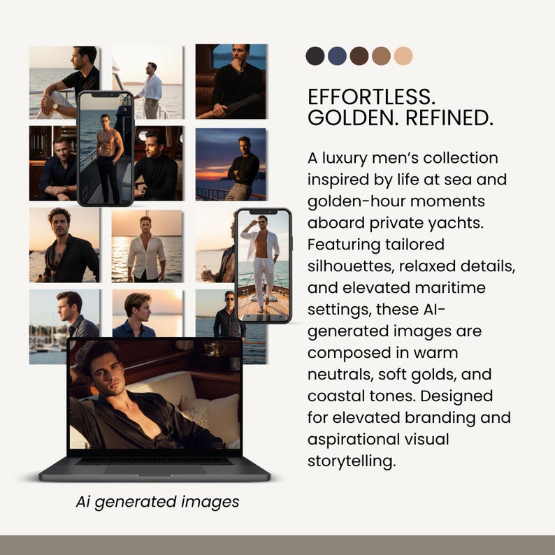 Puede incluir: Un collage de im&aacute;genes de una colecci&oacute;n de lujo inspirada en la vida en el mar. Las im&aacute;genes muestran a hombres con diferentes atuendos, con el texto "EFFORTLESS. GOLDEN. REFINED." y "Ai generated images". La paleta de colores incluye neutros c&aacute;lidos y dorados suaves.