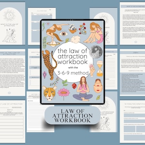 May include: A blue and white digital workbook with the title "The Law of Attraction Workbook with the 3-6-9 Method". The cover features a woman meditating with a red gem, a leopard, and flowers.