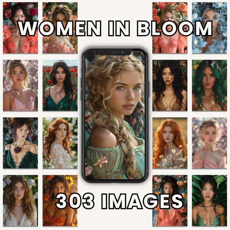 Puede incluir: Un collage de im&aacute;genes con mujeres con flores en el pelo y la ropa. El texto "WOMEN IN BLOOM" y "303 IMAGES" es visible en la imagen.