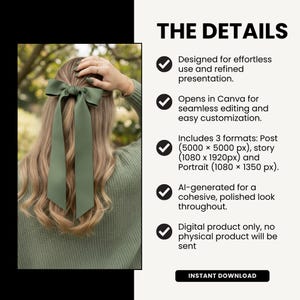 May include: A woman with long blonde hair wearing a sage green satin hair bow. The image is a digital product advertisement with the text "THE DETAILS" and information about the product, including "INSTANT DOWNLOAD".