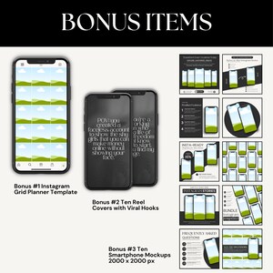 Może przedstawiać: Zbi&oacute;r zasob&oacute;w marketingu cyfrowego dla medi&oacute;w społecznościowych, w tym szablon planera siatki, dziesięć okładek rolek z wirusowymi haczykami i dziesięć makiet smartfon&oacute;w. Makiety przedstawiają czarny telefon z zielonym i białym obrazem krajobrazu na ekranie. Tekst "POV: you created a faceless account to show the shy girls that you can make money online without showing your face." jest wyświetlany na ekranie telefonu.