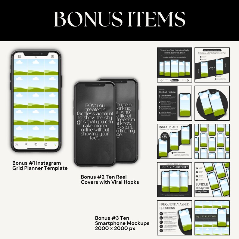 Może przedstawiać: Zbi&oacute;r zasob&oacute;w marketingu cyfrowego dla medi&oacute;w społecznościowych, w tym szablon planera siatki, dziesięć okładek rolek z wirusowymi haczykami i dziesięć makiet smartfon&oacute;w. Makiety przedstawiają czarny telefon z zielonym i białym obrazem krajobrazu na ekranie. Tekst "POV: you created a faceless account to show the shy girls that you can make money online without showing your face." jest wyświetlany na ekranie telefonu.