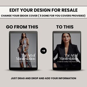 K&ouml;nnte beinhalten: Ein Vorher-Nachher-Bild, das zeigt, wie man ein E-Book-Cover bearbeitet. Das Originalcover zeigt eine Frau in einer gemusterten Jacke und Hose. Das bearbeitete Cover zeigt dieselbe Frau in einem schwarzen Blazer. Beide Cover zeigen den Text "The Art of Manifestation: A Guide to Creating Your Dream Life."