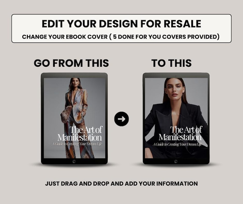 K&ouml;nnte beinhalten: Ein Vorher-Nachher-Bild, das zeigt, wie man ein E-Book-Cover bearbeitet. Das Originalcover zeigt eine Frau in einer gemusterten Jacke und Hose. Das bearbeitete Cover zeigt dieselbe Frau in einem schwarzen Blazer. Beide Cover zeigen den Text "The Art of Manifestation: A Guide to Creating Your Dream Life."