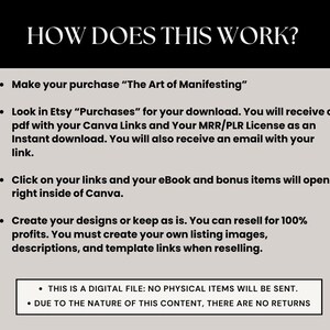 K&ouml;nnte beinhalten: Ein wei&szlig;er Hintergrund mit schwarzem Text, der erkl&auml;rt, wie man ein digitales Produkt namens "The Art of Manifesting" kauft und verwendet. Der Text erkl&auml;rt, dass das Produkt eine PDF-Datei mit Canva-Links und einer Lizenz f&uuml;r den Weiterverkauf ist. Au&szlig;erdem wird darauf hingewiesen, dass es sich um eine digitale Datei handelt und keine physischen Artikel versandt werden. Aufgrund der Art des Inhalts gibt es keine R&uuml;ckgabe.