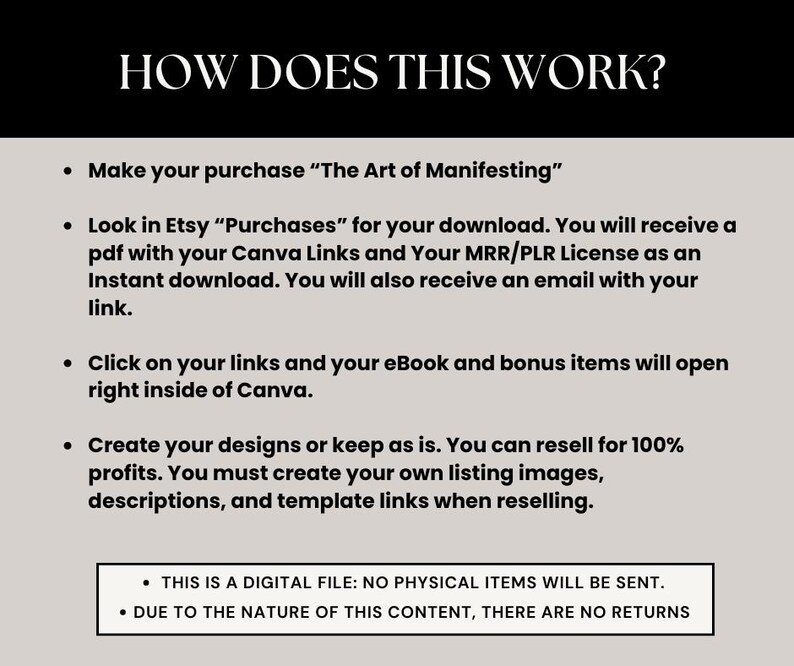 K&ouml;nnte beinhalten: Ein wei&szlig;er Hintergrund mit schwarzem Text, der erkl&auml;rt, wie man ein digitales Produkt namens "The Art of Manifesting" kauft und verwendet. Der Text erkl&auml;rt, dass das Produkt eine PDF-Datei mit Canva-Links und einer Lizenz f&uuml;r den Weiterverkauf ist. Au&szlig;erdem wird darauf hingewiesen, dass es sich um eine digitale Datei handelt und keine physischen Artikel versandt werden. Aufgrund der Art des Inhalts gibt es keine R&uuml;ckgabe.