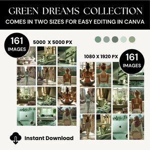Może przedstawiać: Cyfrowa kolekcja 161 zielonych obraz&oacute;w w dw&oacute;ch rozmiarach: 5000 x 5000 pikseli i 1080 x 1920 pikseli. Obrazy prezentują r&oacute;żnorodne odcienie i faktury zieleni, w tym rośliny, sceny z natury i obrazy ze stylu życia. Tekst "GREEN DREAMS COLLECTION" i "COMES IN TWO SIZES FOR EASY EDITING IN CANVA" jest wyświetlany u g&oacute;ry obrazu. Tekst "Instant Download" jest wyświetlany u dołu obrazu.