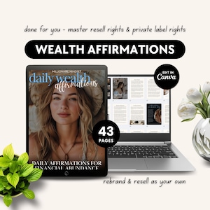 Puede incluir: Un ordenador portátil que muestra la portada de una revista digital con el título "daily wealth affirmations" y la cara de una mujer. La portada de la revista tiene 43 páginas e incluye el texto "MILLIONAIRE MINDSET". El portátil está sobre una superficie blanca con un arreglo de flores blancas en un jarrón y una planta verde en una maceta.