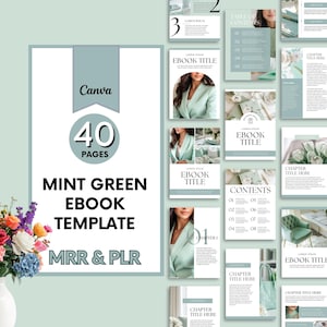 Puede incluir: Plantilla de ebook verde menta de 40 páginas, diseñada en Canva. La plantilla incluye varios diseños para la creación de ebooks, con secciones para contenido, títulos de capítulos e imágenes. Diseño profesional.