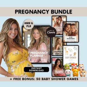 Ultimate Pregnancy Bundle with MRR & PLR | 5 Planners and Guides plus 3 Bonus | Baby Shower Games Extra Images | Resell Rights Edit in Canva
