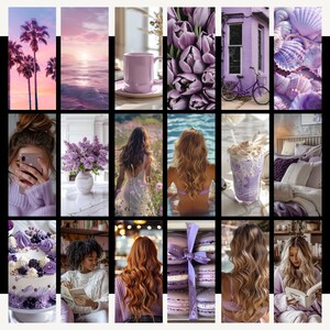 May include: A collage of images featuring various purple and lavender themed items, including flowers, seashells, a cake, a cup of coffee, a woman with long hair, and a bedroom with a purple bedspread.