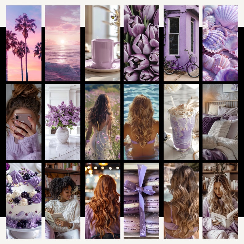 May include: A collage of images featuring various purple and lavender themed items, including flowers, seashells, a cake, a cup of coffee, a woman with long hair, and a bedroom with a purple bedspread.