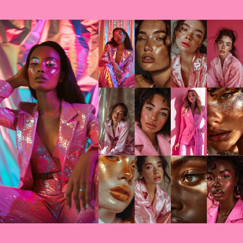 May include: A collage of images featuring women wearing pink clothing and makeup. The women are all looking at the camera with a variety of expressions. The images are arranged in a grid pattern.