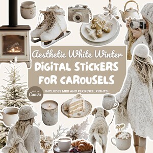 May include: Aesthetic digital stickers for carousels with a winter theme. The image features a collection of white and beige elements, including ice skates, a camera, a fireplace, and a dog. Text on the image reads "Aesthetic White Winter DIGITAL STICKERS FOR CAROUSELS".