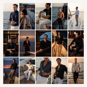 Puede incluir: Un collage de im&aacute;genes que presenta a una persona en un yate, vistiendo varios atuendos. Los atuendos incluyen un cuello alto azul marino, camisetas negras y camisas abotonadas blancas y azules. La persona lleva un reloj en varias de las im&aacute;genes.