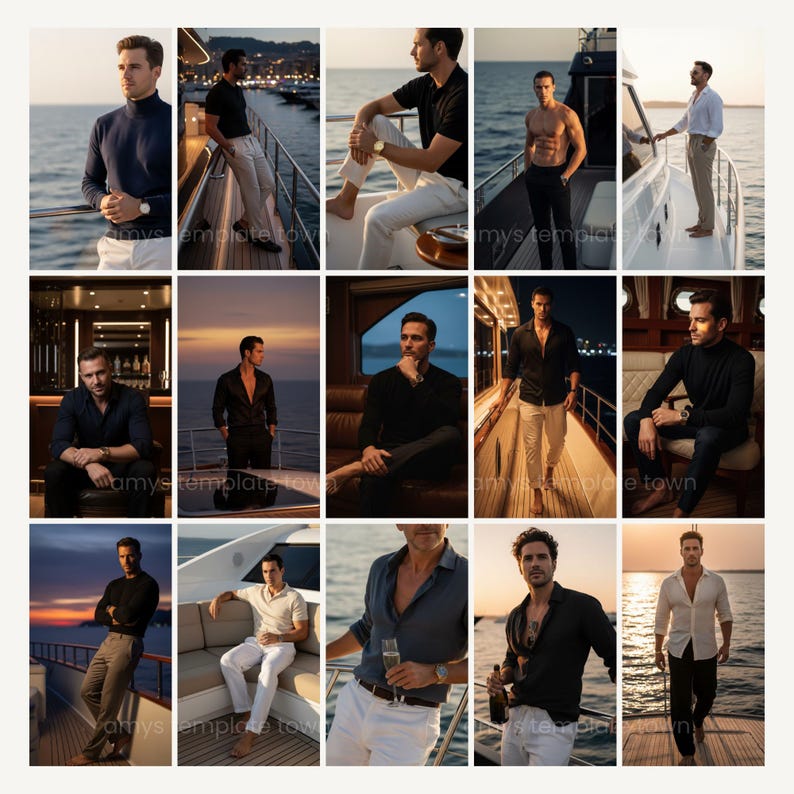 Puede incluir: Un collage de im&aacute;genes que presenta a una persona en un yate, vistiendo varios atuendos. Los atuendos incluyen un cuello alto azul marino, camisetas negras y camisas abotonadas blancas y azules. La persona lleva un reloj en varias de las im&aacute;genes.