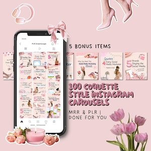 Op de afbeelding: Een roze en wit telefoonscherm waarop 100 Instagram-carrousels in Coquette-stijl worden weergegeven, MRR & PLR | Klaar voor jou. Het scherm toont een raster van 16 roze en witte social media-afbeeldingen met tekst zoals "7 trending tips voor bedrijven", "20 trending content-ideeën", "Hoe ik dagelijks 100 volgers krijg", "5 fouten om te vermijden", "Van 500 naar 100.000 volgers", "Citaten die elke social media-marketeer moet horen", "Merken die de social media rocken", "Waarom je dit social media-marketing e-book nodig hebt".
