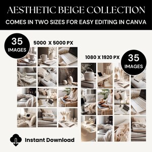 Może przedstawiać: Kolekcja 35 beżowych obraz&oacute;w estetycznych w dw&oacute;ch rozmiarach: 5000 x 5000 pikseli i 1080 x 1920 pikseli. Obrazy przedstawiają r&oacute;żne przedmioty, w tym laptopy, książki, kubki i rośliny, wszystkie w neutralnej beżowej kolorystyce. Tekst "Natychmiastowe pobranie" jest r&oacute;wnież zawarty w obrazie.