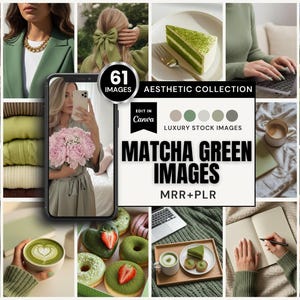 A modern set of 61 cohesive, green-toned images featuring matcha lattes, cakes, ice cream, donuts, gifts wrapped with green ribbons, women with ribbon accents in their hair, notebooks, and everyday lifestyle scenes. Each shot highlights soft matcha hues with bright, minimalist compositions from multiple angles—ideal for digital products, café branding, wellness content, and sophisticated faceless marketing. Compatible with Canva and includes both MRR and PLR.