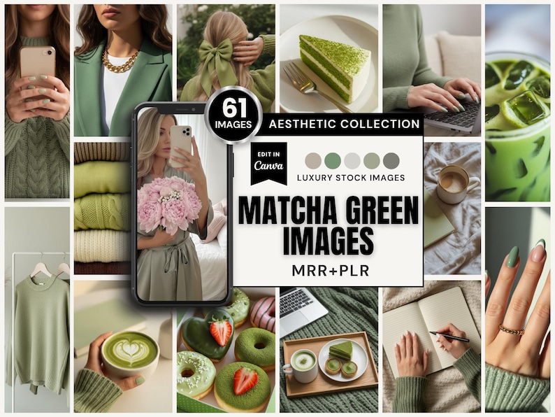 A modern set of 61 cohesive, green-toned images featuring matcha lattes, cakes, ice cream, donuts, gifts wrapped with green ribbons, women with ribbon accents in their hair, notebooks, and everyday lifestyle scenes. Each shot highlights soft matcha hues with bright, minimalist compositions from multiple angles—ideal for digital products, café branding, wellness content, and sophisticated faceless marketing. Compatible with Canva and includes both MRR and PLR.