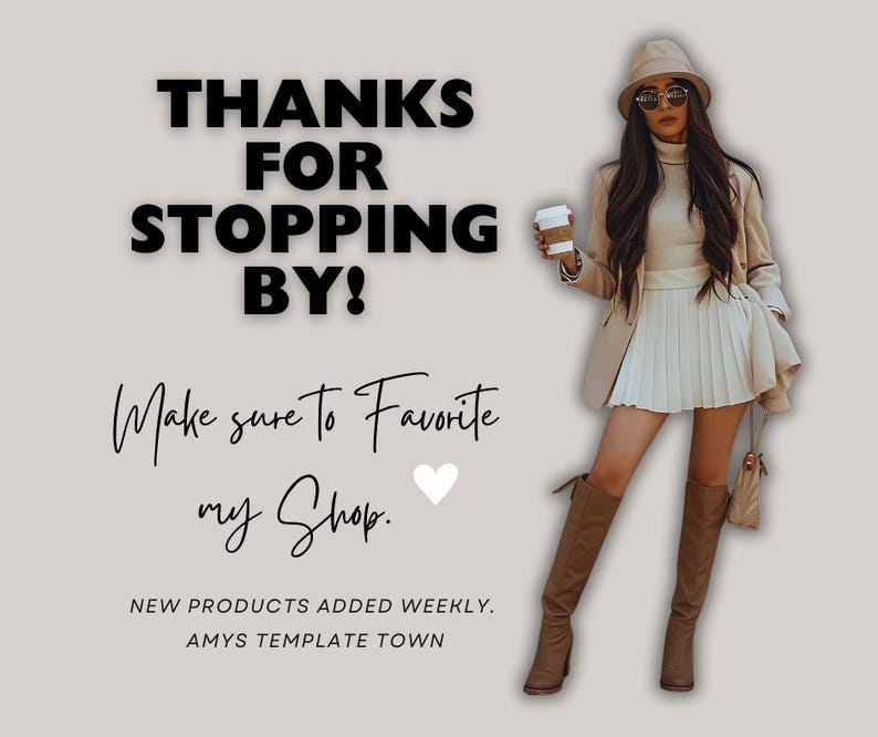 K&ouml;nnte beinhalten: Eine Frau in einem wei&szlig;en Rock, einem braunen Blazer und einem braunen Hut h&auml;lt eine Tasse Kaffee. Der Text "THANKS FOR STOPPING BY! Make sure to Favorite my Shop. NEW PRODUCTS ADDED WEEKLY. AMYS TEMPLATE TOWN" ist auf einem hellgrauen Hintergrund zu sehen.