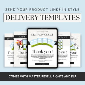 May include: A digital product delivery template with a thank you message and a download button. The template features a green landscape with clouds and a book. The text reads "Thank you!" and "To access your purchase, simply click on the button below. Download."