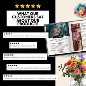 May include: An open book with the title "Rewiring Your Belief System" and images of women. The image also shows customer reviews with five-star ratings and the text "What our customers say about our products."