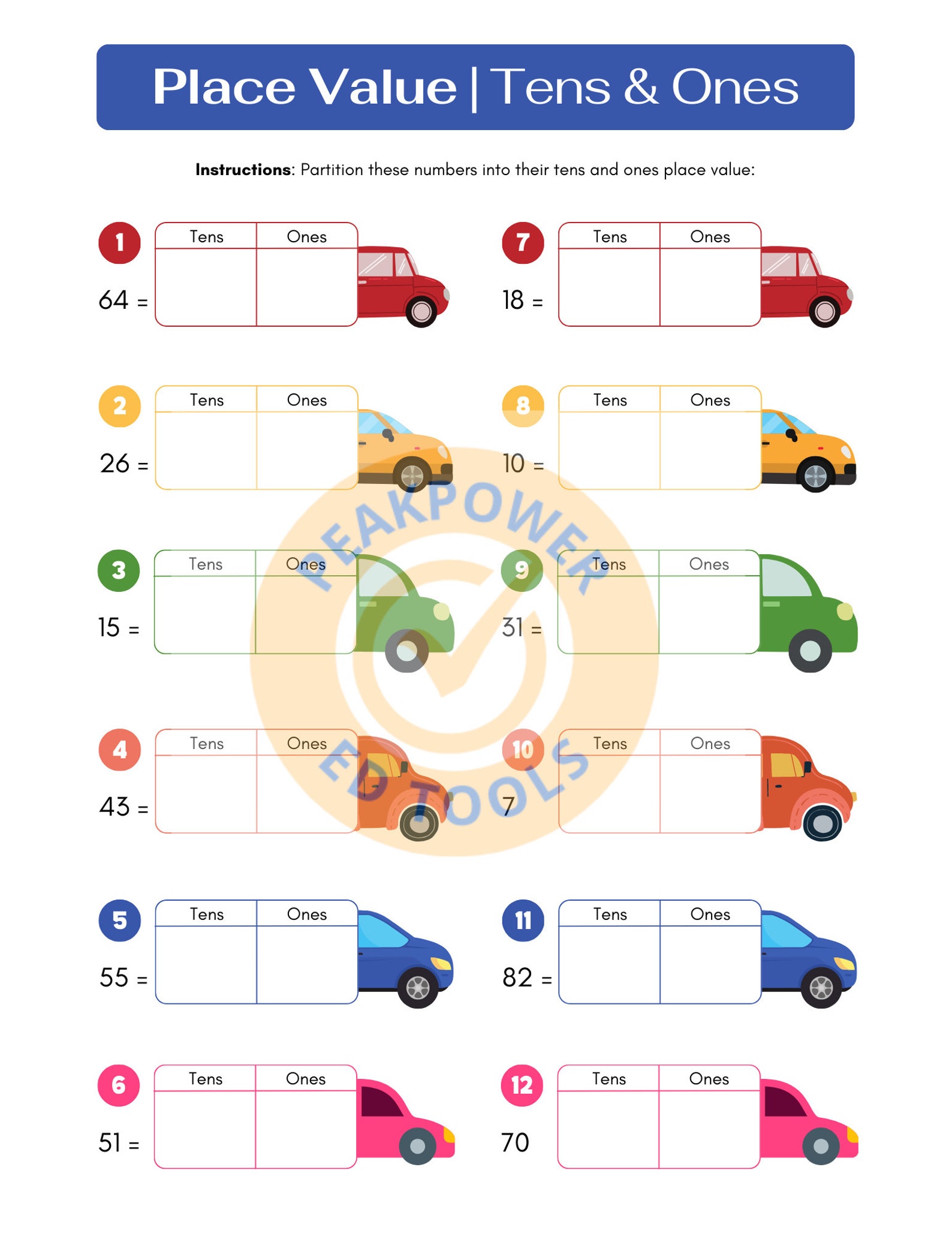 Place Value Tens and Ones Worksheet Colorful Cars Kids 1st Grade ...