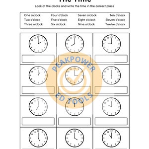 Op de afbeelding: Een werkblad met de titel "The Time" en een set analoge klokken. De klokken laten verschillende tijden zien van één uur tot twaalf uur. Het werkblad vraagt ​​leerlingen om naar de klokken te kijken en de tijd op de juiste plaats te schrijven.