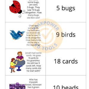 May include: A worksheet with four maths problems featuring colourful illustrations of bugs, birds, cards, and beads. Each problem includes a word problem and a solution. The problems are designed to help children learn basic addition.