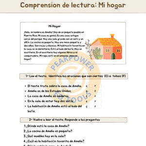 Op de afbeelding: Een werkblad voor een Spaanse leesvaardigheidsles. De tekst beschrijft een huis in Puerto Rico. Het werkblad vraagt ​​leerlingen om ware en onware beweringen over de tekst te identificeren en vragen over het huis te beantwoorden.
